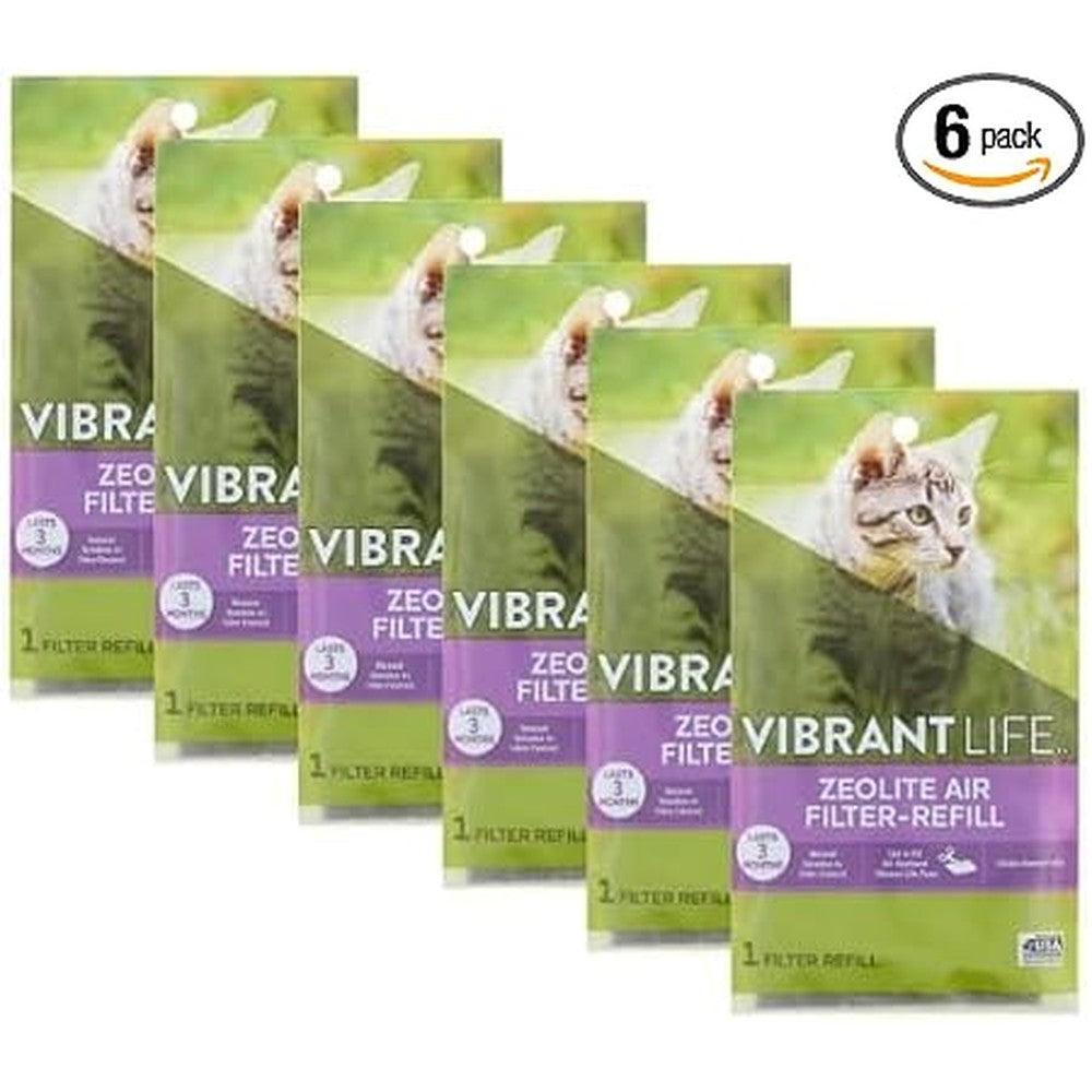 Vibrant Life Cat Litter Box Filter Replacement six pack front view showcasing odor control zeolite refill pads