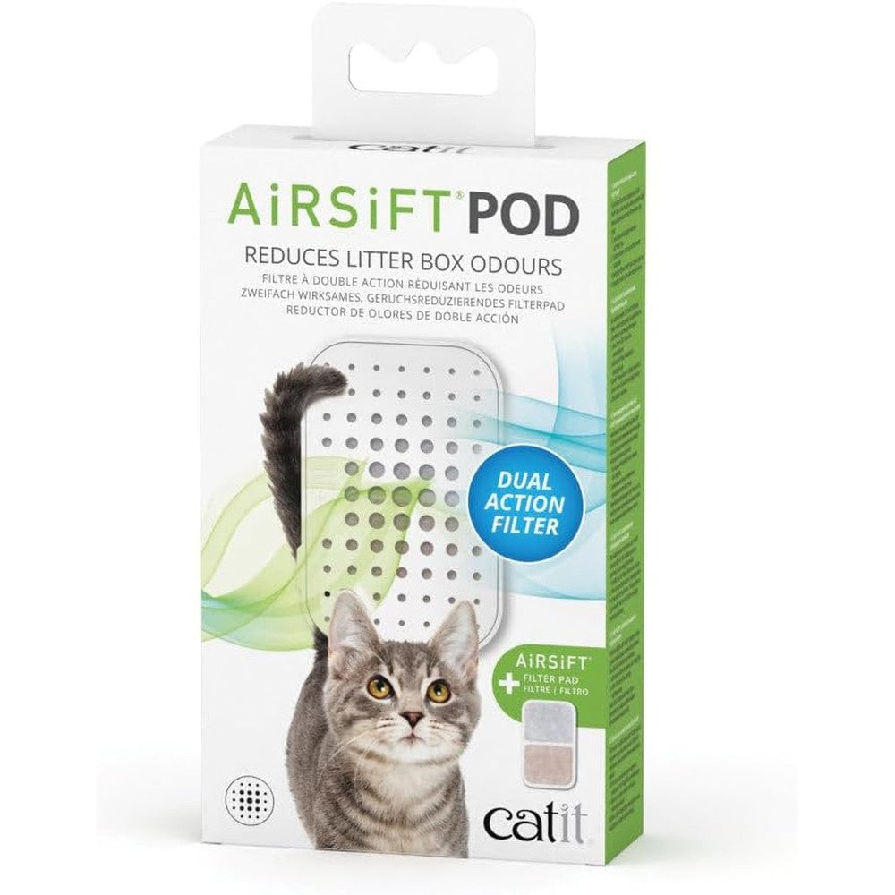 Catit Airsift Dual Action Odor Reducing Pod front view showcasing the sleek silver reusable holder.