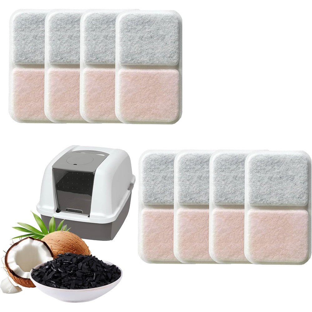 IVTCTV dual action filter replacement pack front view displaying eight carbon pads for cat litter boxes