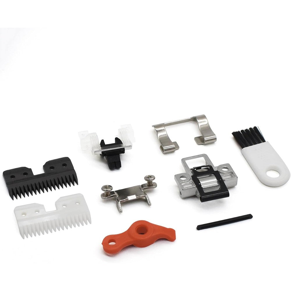 Zerokiwi professional animal clipper repair parts kit front view showing ceramic cutting blade and mechanical components for pet grooming tool maintenance.
