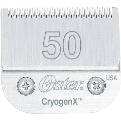 Oster CryogenX professional pet clipper blade size 50 front view showing high carbon steel teeth.