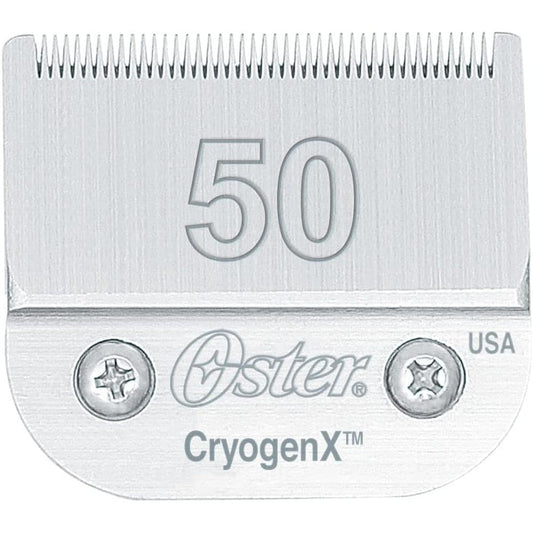 Oster CryogenX professional pet clipper blade size 50 front view showing high carbon steel teeth.
