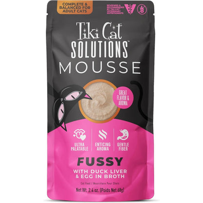 Tiki Cat Solutions Fussy Mousse front view packaging displaying duck liver and egg flavor description.