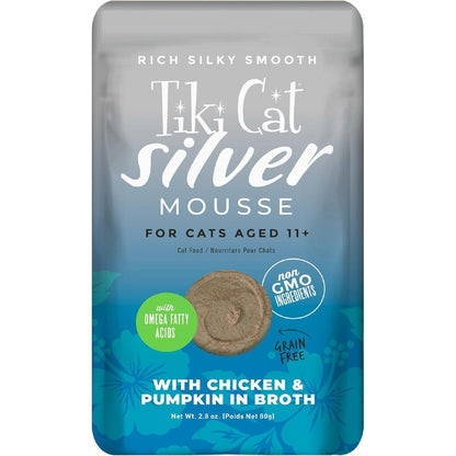 Tiki Cat Silver Mousse Senior Cat Food front view showing chicken and pumpkin packaging