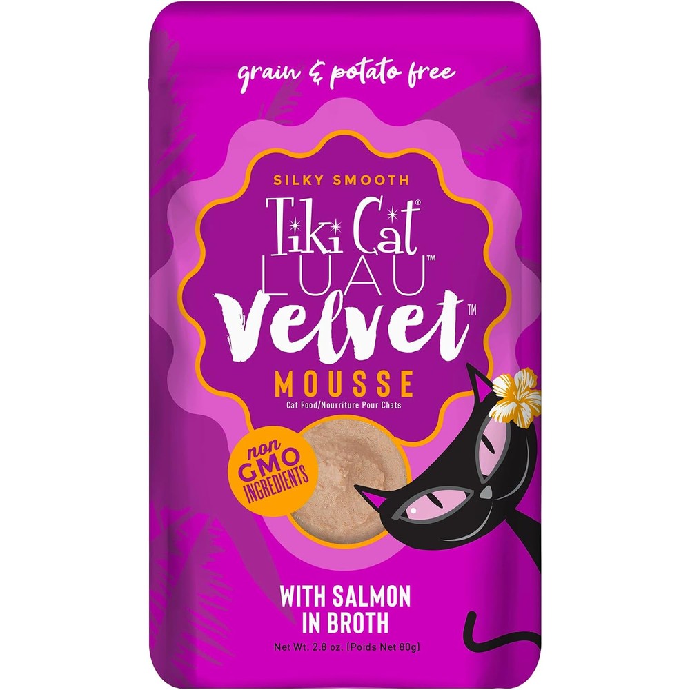 Tiki Pets Tiki Cat Luau Velvet Mousse Salmon wet cat food front view pouch packaging