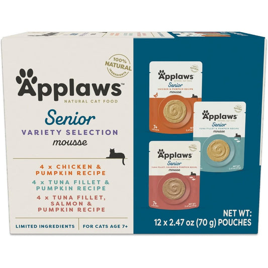 Applaws senior wet cat food mousse variety pack front packaging view for mature feline nutrition.