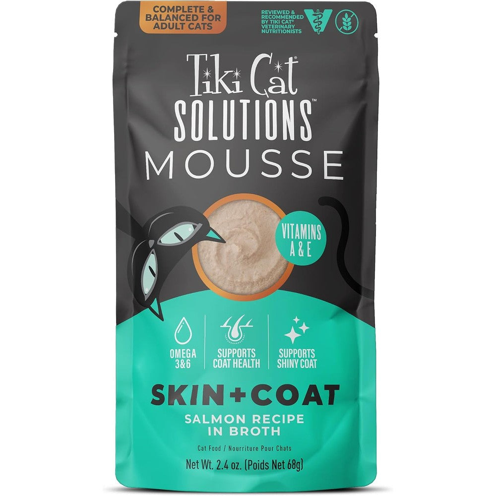 Tiki Pets Tiki Cat Solutions Skin And Coat salmon mousse wet cat food pouch front view