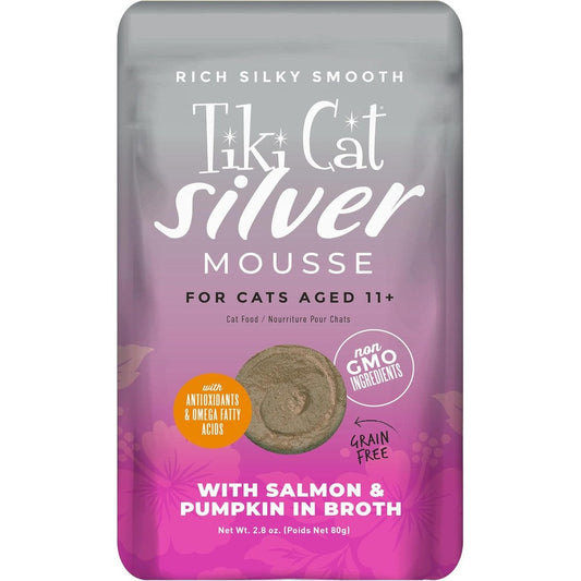 Tiki Cat Silver Mousse Salmon and Pumpkin senior wet cat food front pouch packaging