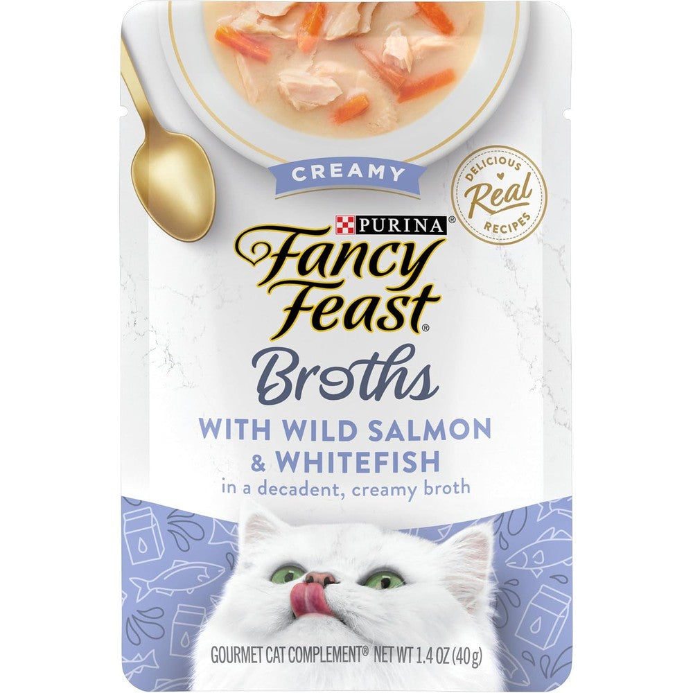 Purina Fancy Feast creamy broth wild salmon and whitefish pouch front view