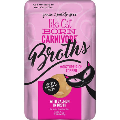 Tiki Pets Tiki Cat Born Carnivore Salmon Broth pouch front view premium cat food topper