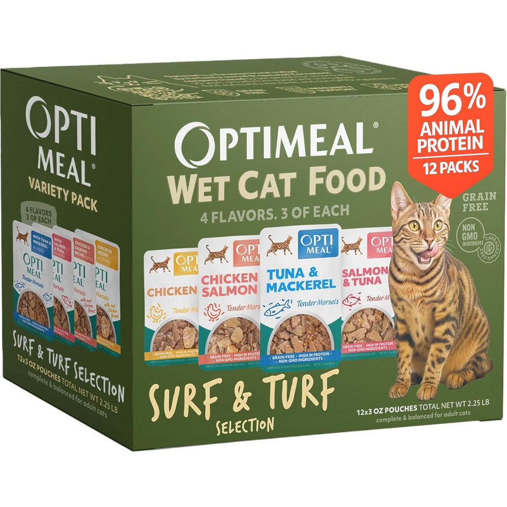 Optimeal Wet Cat Food Variety Pack Surf and Turf Selection front view packaging