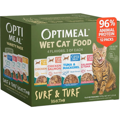 Optimeal Wet Cat Food Variety Pack Surf and Turf Selection front view packaging