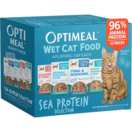 Optimeal wet cat food variety pack front view of packaging box