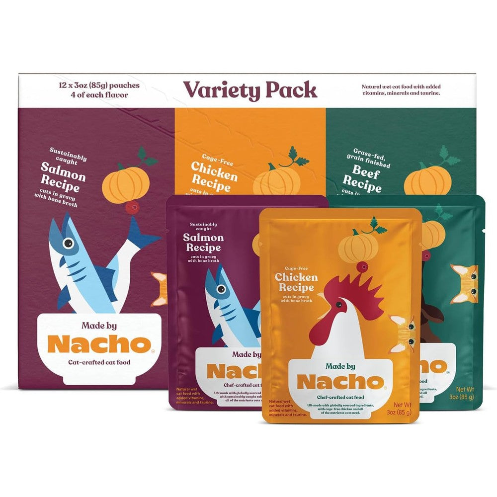 Made by Nacho Wet Cat Food Variety Twelve Pack front view showing three flavor pouches.