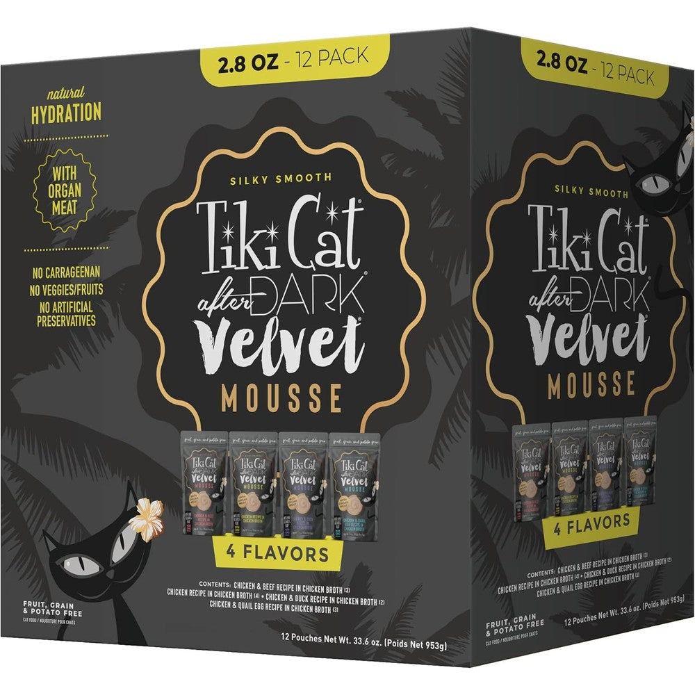Tiki Pets Tiki Cat After Dark Velvet Mousse variety pack front view showing 12 pouches.