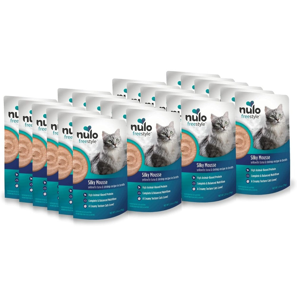 Nulo Freestyle Wet Cat Food Silky Mousse Yellowfin Tuna and Shrimp front view pack of 24 pouches