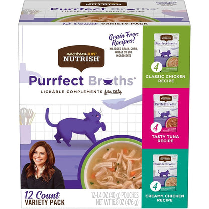 Rachael Ray Nutrish Purrfect Broths box front view containing variety pack flavors