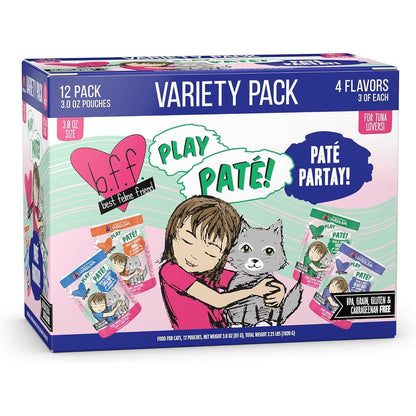Weruva Best Feline Friend Play Pate Partay Variety Pack front view showing twelve pouches of grain free wet cat food.