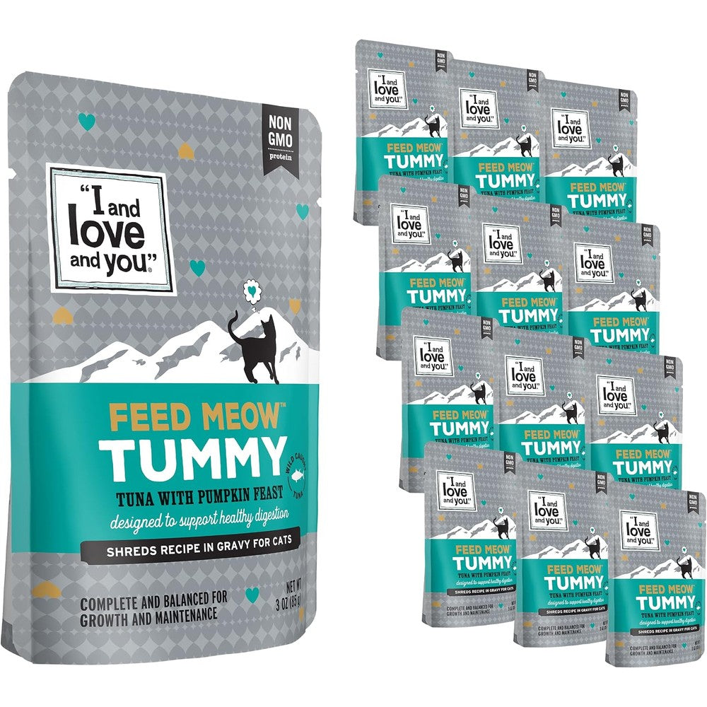 I And Love And You Feed Meow Tummy wet cat food pouch front view showcasing tuna and pumpkin flavor