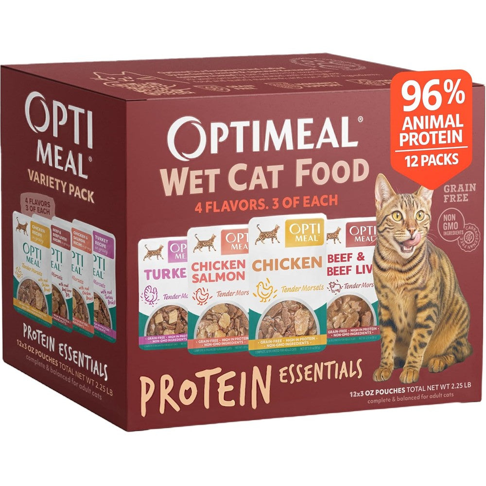 Optimeal Wet Cat Food Variety Pack front view showing twelve savory protein pouches