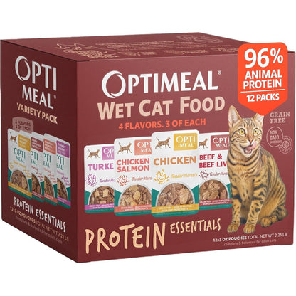 Optimeal Wet Cat Food Variety Pack front view showing twelve savory protein pouches