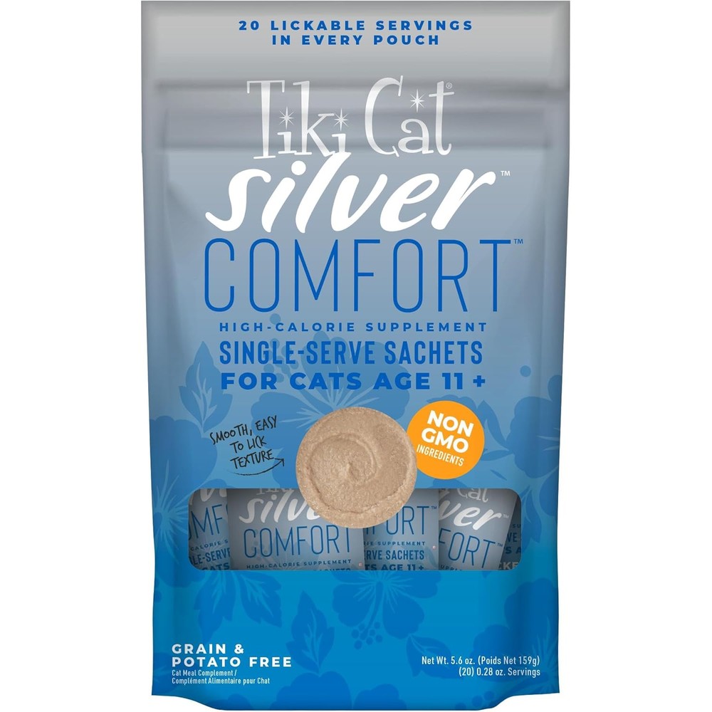 Tiki Cat Silver Comfort Chicken and Chicken Liver senior cat supplement front pack view