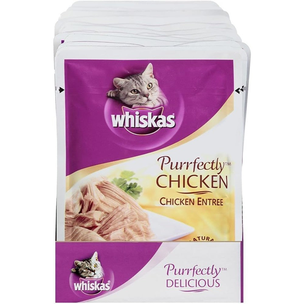 Whiskas Purrfectly Chicken Wet Cat Food front view of the premium twenty four pack box packaging.