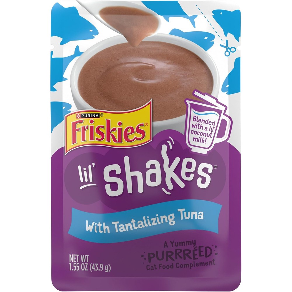 Friskies Purina Lil Shakes pureed cat food topper pack front view for feline hydration