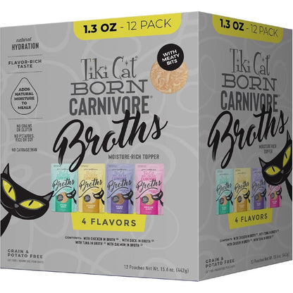 Tiki Pets Tiki Cat Born Carnivore Broths variety pack front view featuring twelve single serve pouches.