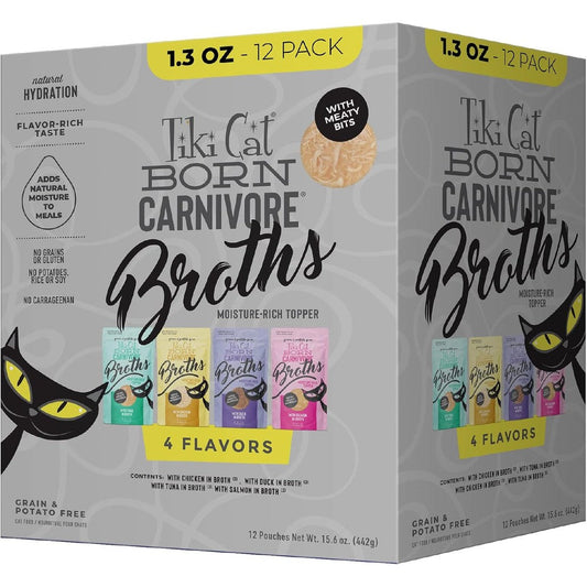 Tiki Pets Tiki Cat Born Carnivore Broths variety pack front view featuring twelve single serve pouches.