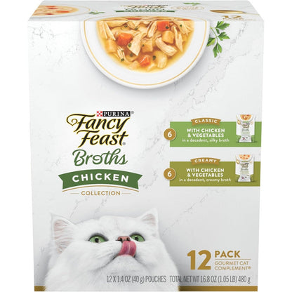 Purina Fancy Feast Chicken Broth Variety Pack front packaging showing adult cat food complements.