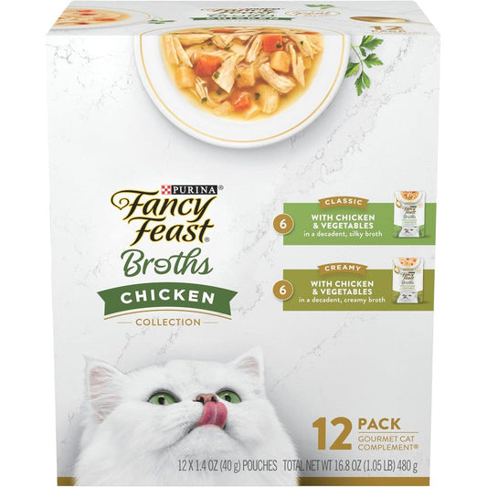 Purina Fancy Feast Chicken Broth Variety Pack front packaging showing adult cat food complements.