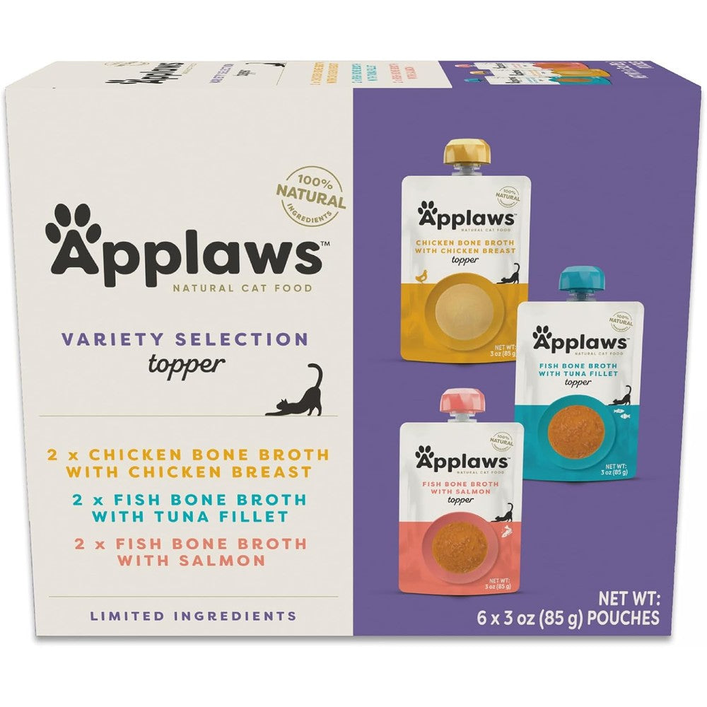 Applaws Bone Broth Fish and Chicken Variety Pack front view of packaging box showing twelve pouches.