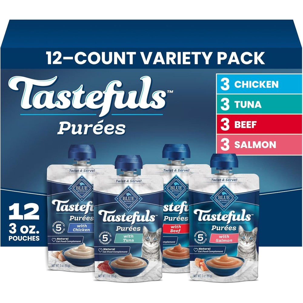 Blue Buffalo Tastefuls Purees Variety Pack front view of natural wet cat food complement pouches