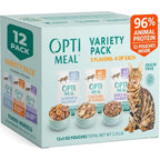 Optimeal Wet Cat Food Variety Pack front view of the twelve pouch box.