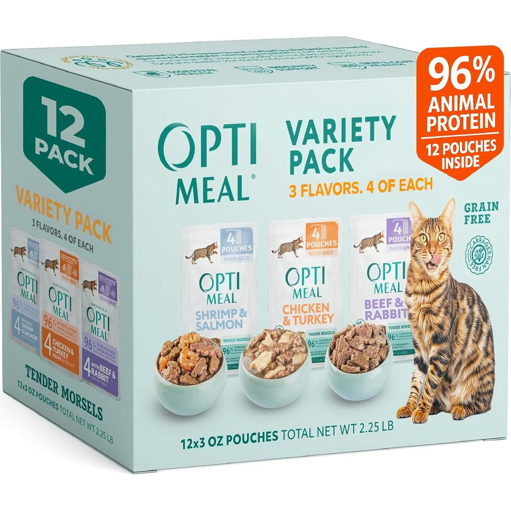 Optimeal Wet Cat Food Variety Pack front view of the twelve pouch box.