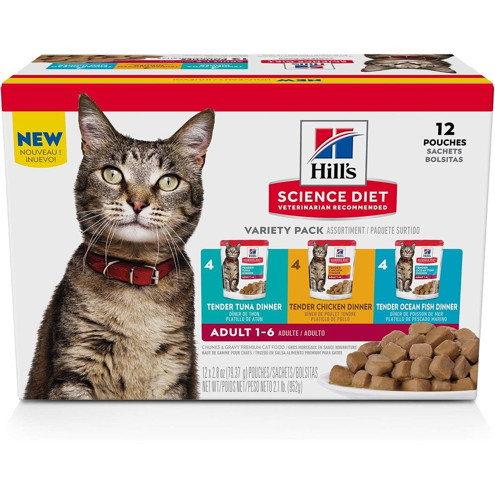 Hill's Science Diet adult wet cat food variety pack front view showing 12 pouches