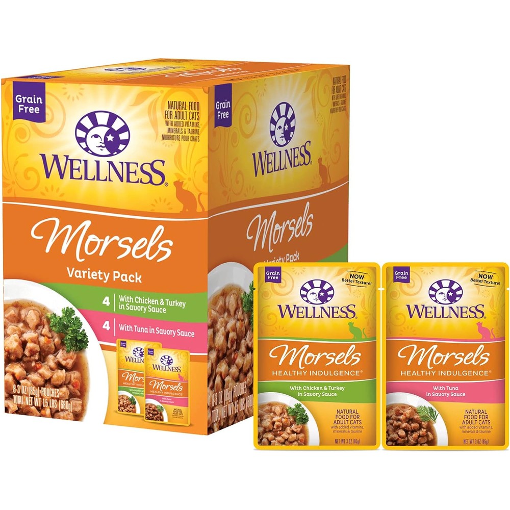 Wellness Healthy Indulgence Morsels Variety Pack front view showing 8 pouches of premium wet cat food