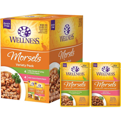 Wellness Healthy Indulgence Morsels Variety Pack front view showing 8 pouches of premium wet cat food