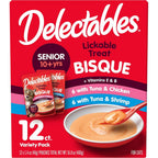 Delectables Bisque Senior 10 Plus Lickable Cat Treats Variety Pack front view showing 12 count packaging.