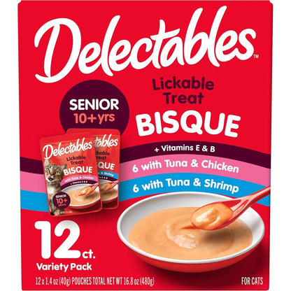 Delectables Bisque Senior 10 Plus Lickable Cat Treats Variety Pack front view showing 12 count packaging.