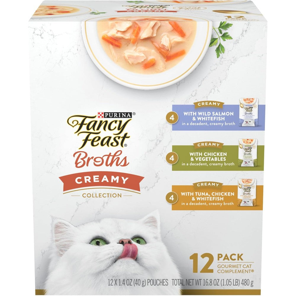 Fancy Feast cat food variety pack front view featuring twelve pouches and cute cat.