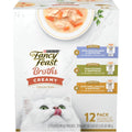 Fancy Feast cat food variety pack front view featuring twelve pouches and cute cat.