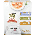 Fancy Feast cat food variety pack front view featuring twelve pouches and cute cat.