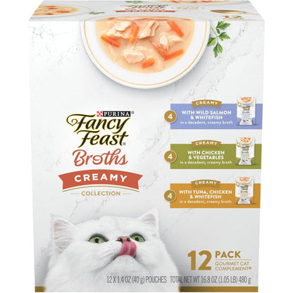 Purina Fancy Feast Creamy Broths Variety Pack front packaging view showing individual pouches