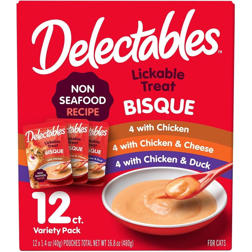 Delectables Bisque Non Seafood Lickable Cat Treats front view showing twelve count packaging