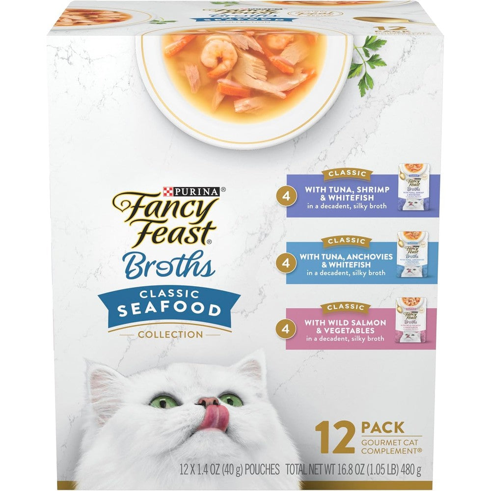 Fancy Feast wet cat food broth variety pack front view packaging