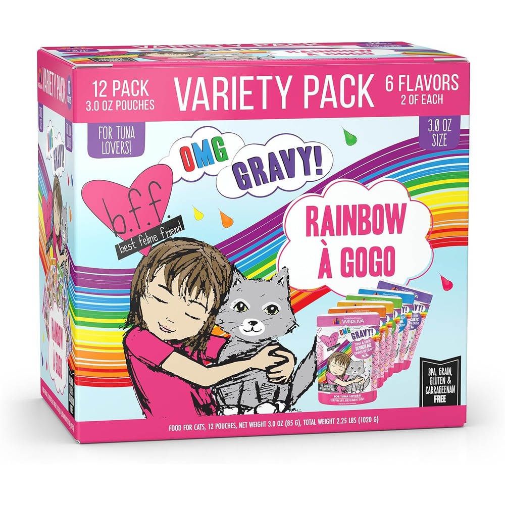 Weruva Best Feline Friend Rainbow A Gogo Variety Pack front view showing twelve cat food pouches.