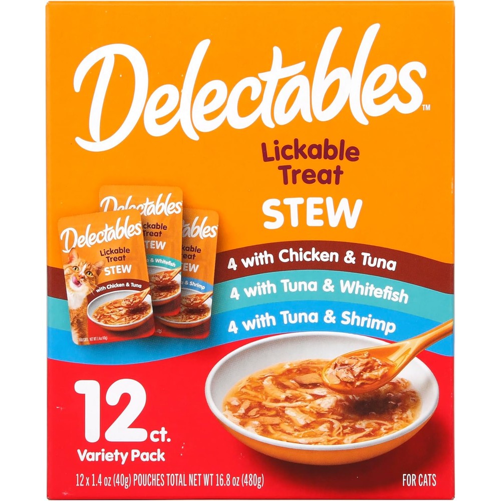 Delectables lckable stew wet cat treat variety pack front view packaging