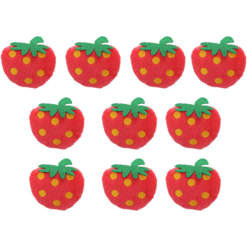 Toddmomy 10 Pack Plush Strawberry Cat Toys front view of soft red pet play items.